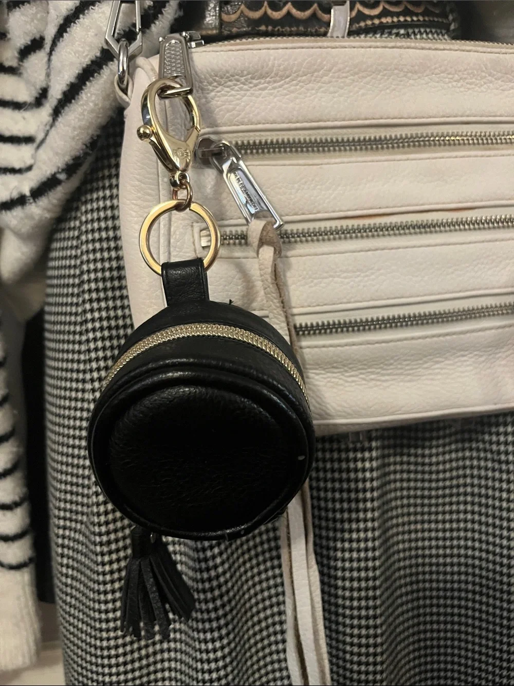 Black Faux Leather Tassel Keychain Earbud Pouch Bag Charm Gold tone Hardware